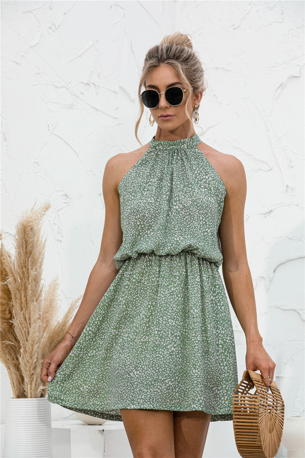 Damen verspieltes Sommerkleid mit hohem Hals und elastischem Bund WW