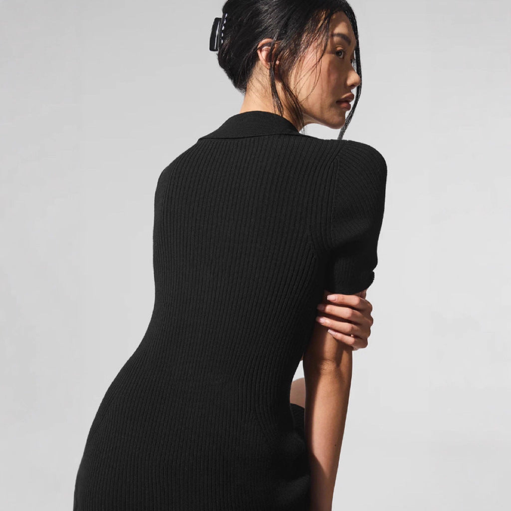 Damen Kurzarm Strickkleid mit Polo-Kragen und Knopfleiste WW