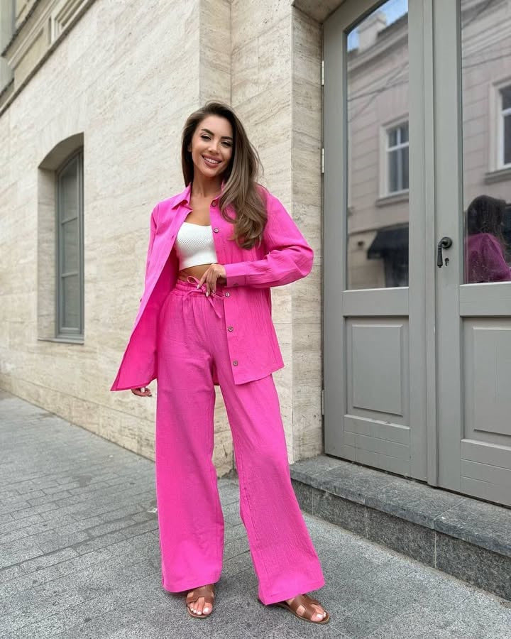 Damen elegantes und trendiges Zweiteiliges Set aus Hemd und weitem Hosen WW