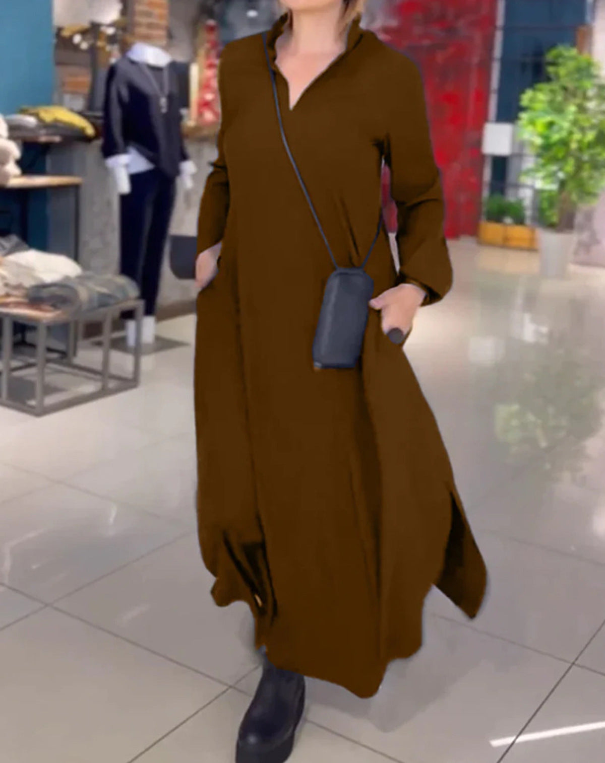 Damen elegantes Maxikleid mit praktischen Taschen und modernem Stehkragen WW