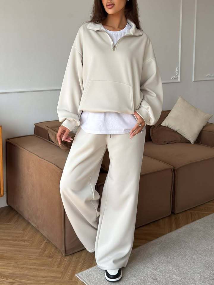 Damen lässiges Fleece-Set mit hochgeschlossenem Reißverschluss und weiten Beinen WW