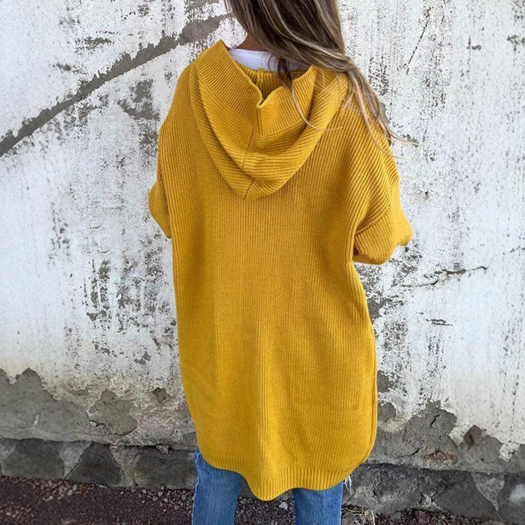Damen Strickmantel mit Kapuze und Knöpfen WW
