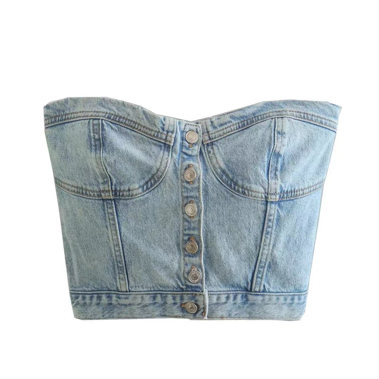 Damen cropped Jeansbluse im Bustier-Stil mit Knopfleiste WW