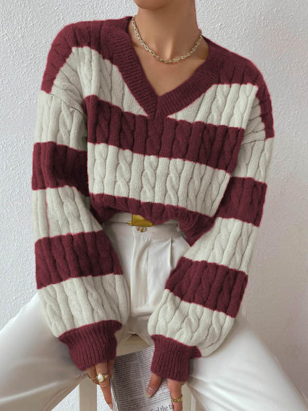 Damen V-Ausschnitt Strickpullover mit Rippstruktur und langen Ärmeln WW