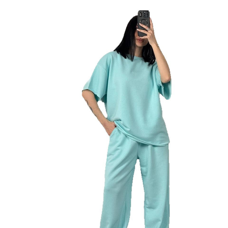 Damen lässiges Baumwoll-Set mit weit geschnittenem Oberteil und bequemen Hosen WW