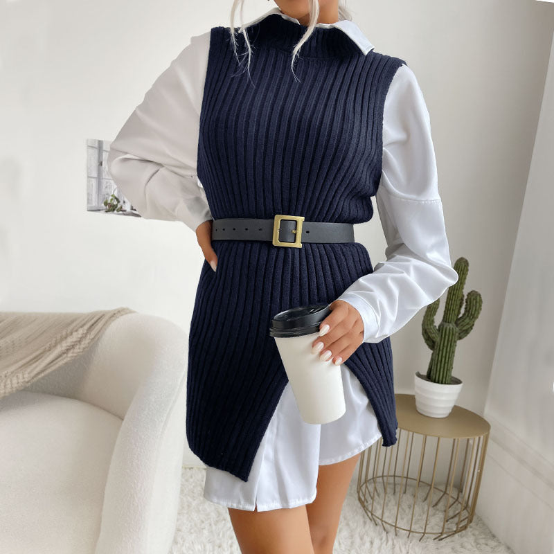 Damen Strickkleid mit Taillengürtel und seitlichen Schlitzen WW