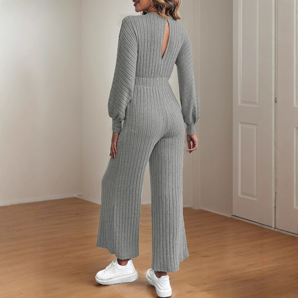 Damen legerer Strick-Jumpsuit mit weitem Bein und Taillengürtel WW