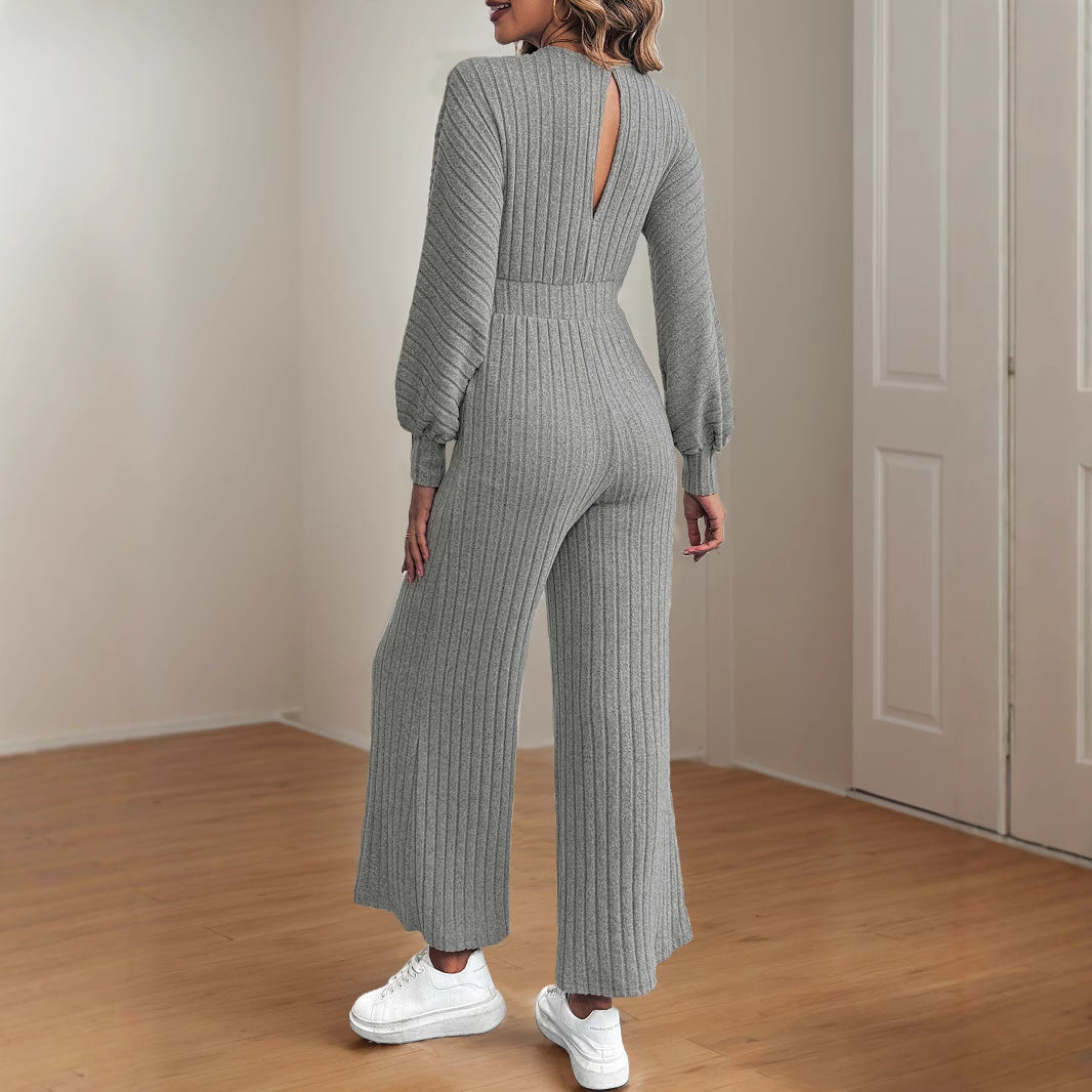 Damen legerer Strick-Jumpsuit mit weitem Bein und Taillengürtel WW