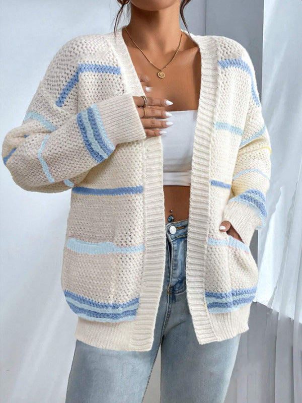 Damen gemütlicher Strickcardigan mit bunten Streifen WW