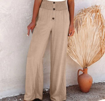 Damen weite Hochbundhose mit eleganten Knopfdetails und elastischem Bund WW