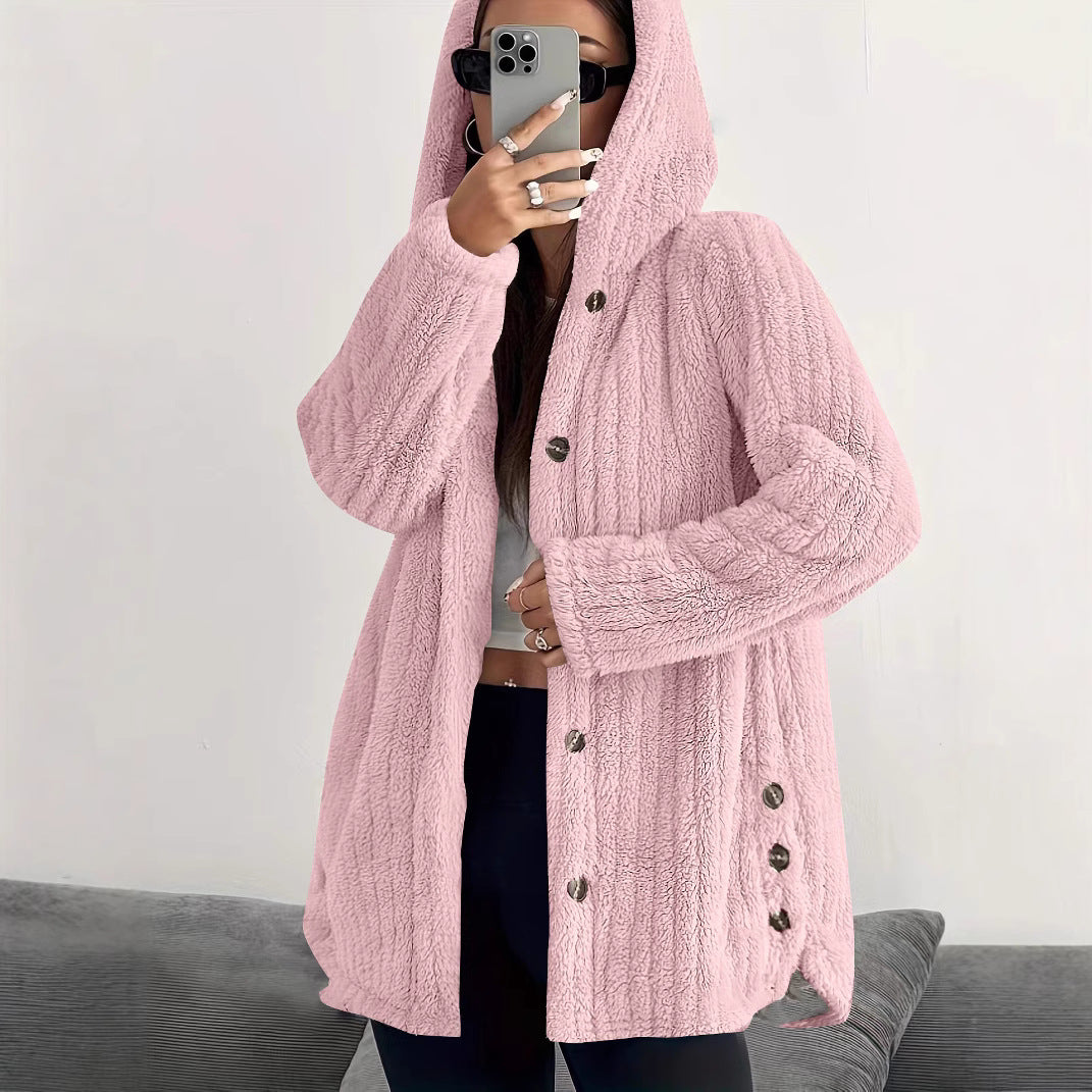 Damen kuschelige Fleecejacke mit Kapuze und Knopfverschluss WW