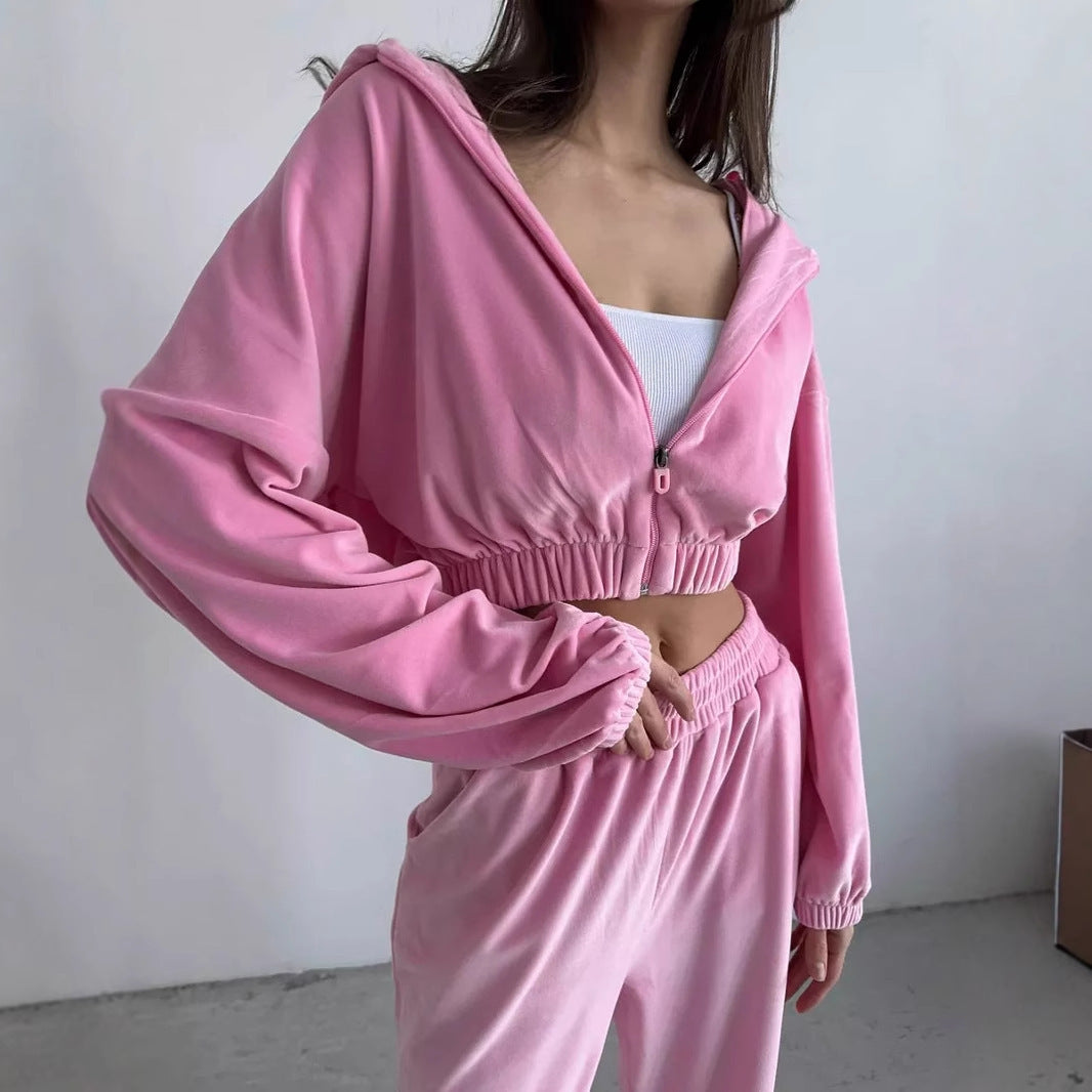 Damen sportliches Fleece Ensemble mit modernem Reißverschluss und elastischem Bund WW