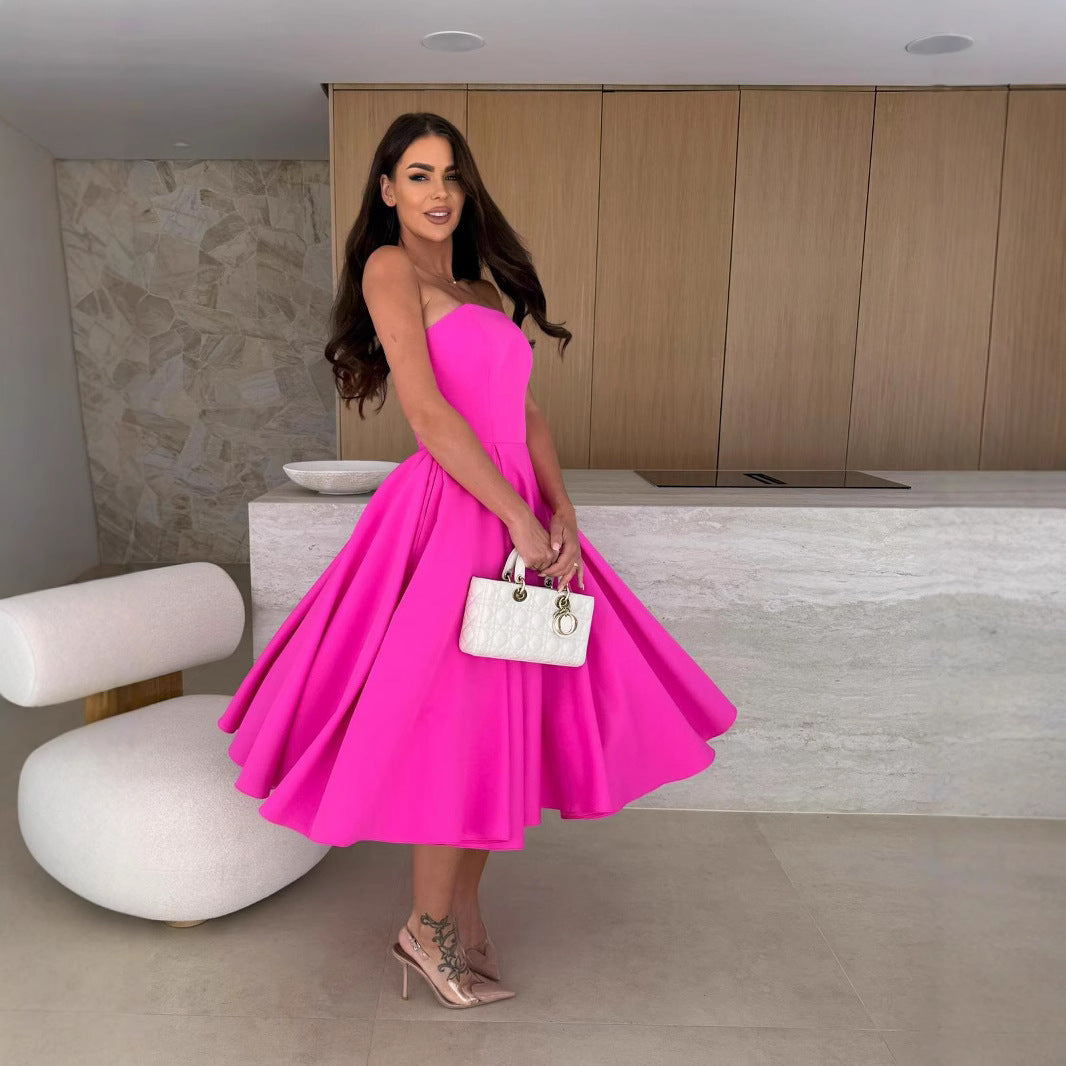Damen A-linien Cocktailkleid mit trägerlosem Schnitt und schwingendem Rock WW
