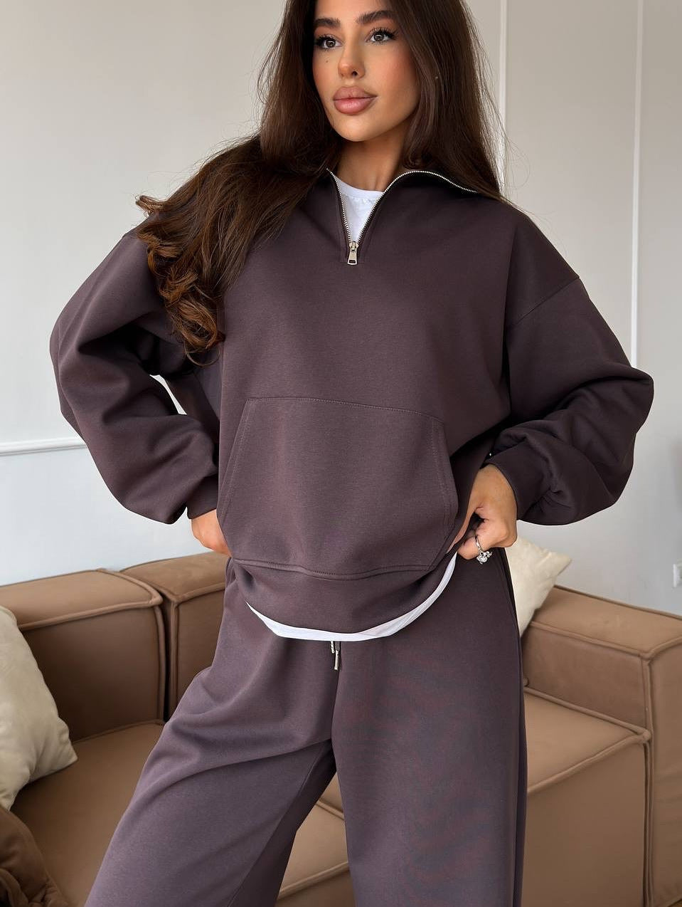 Damen lässiges Fleece-Set mit hochgeschlossenem Reißverschluss und weiten Beinen WW
