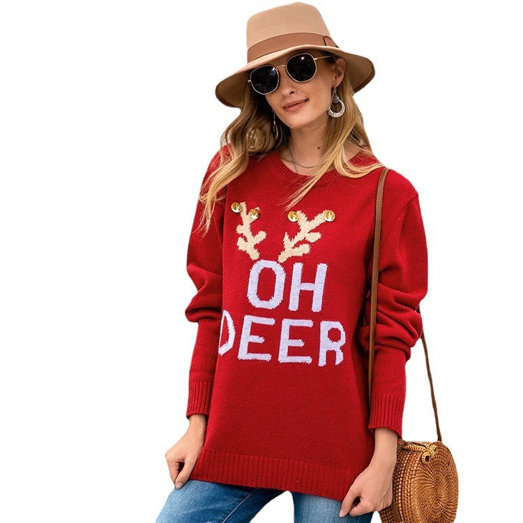 Damen Großer Strickpullover mit festlichem Motiv WW