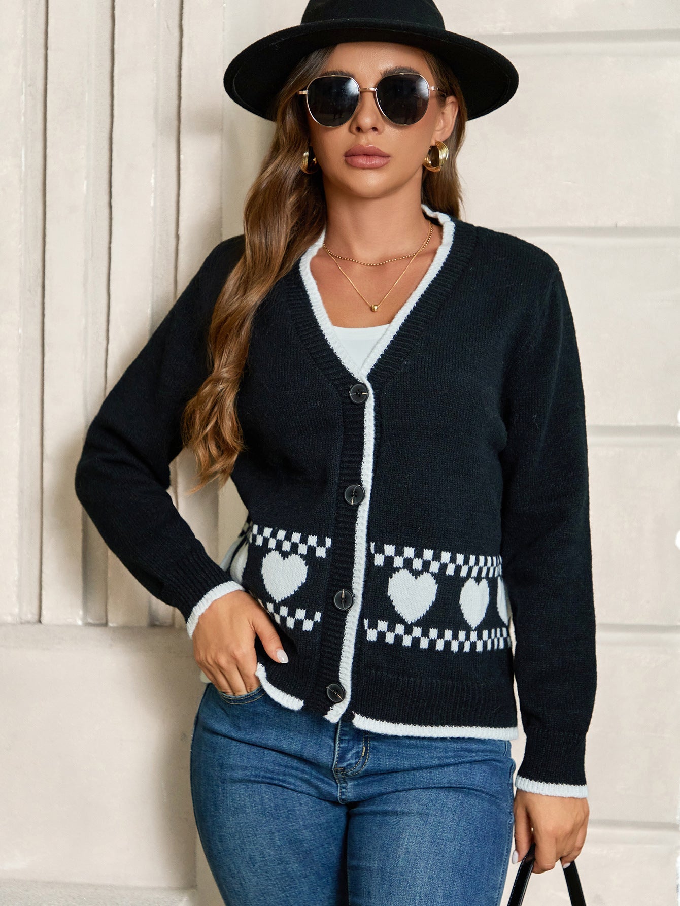 Damen Cardigan mit Herzmuster und kontrastierenden Details WW