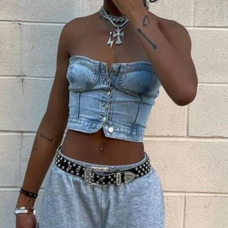Damen cropped Jeansbluse im Bustier-Stil mit Knopfleiste WW