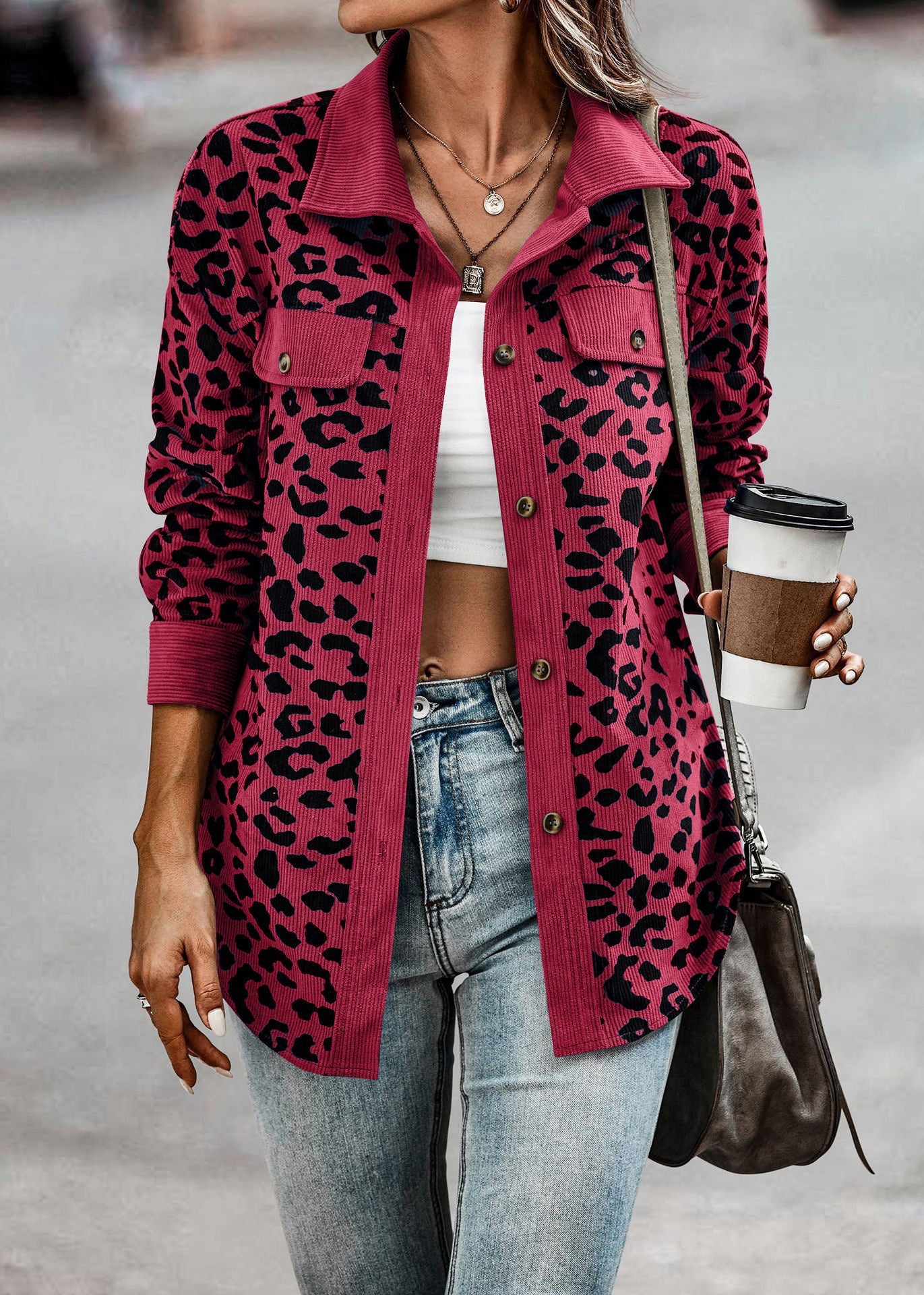 Damen Stilvolle Übergroße Leopardenmuster Jacke WW