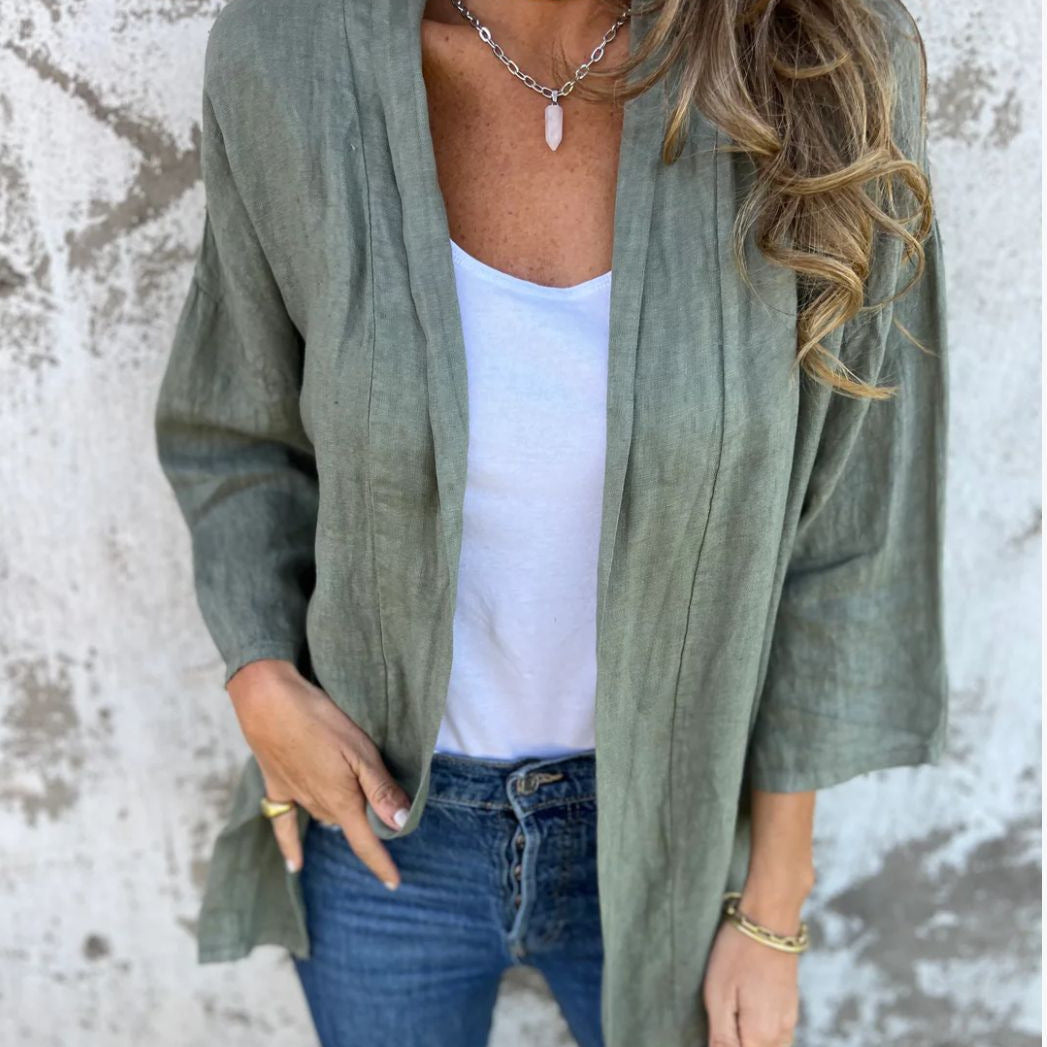 Damen luftige Leinenjacke mit offenem Schnitt und langen Ärmeln WW