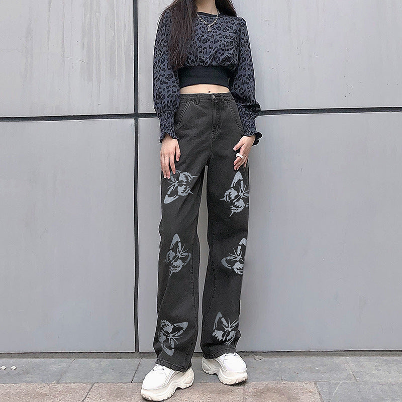 Damen weite High-Waist Jeans mit floralen Druckmotiven WW