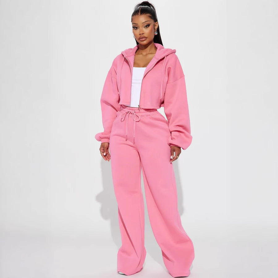 Damen lässiges Fleece-Set mit kurzem Hoodie und weiten Hosen WW