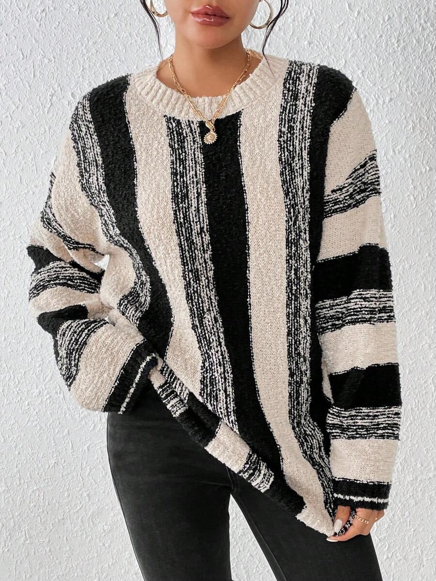 Damen Grober Strickpullover mit auffälligem Streifenmuster und lockerer Passform WW
