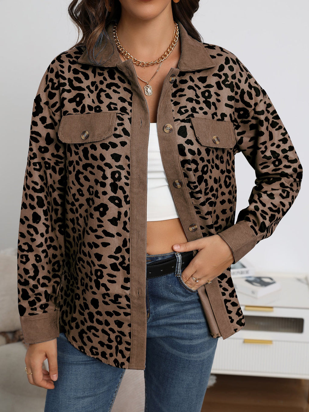 Damen Stilvolle Übergroße Leopardenmuster Jacke WW