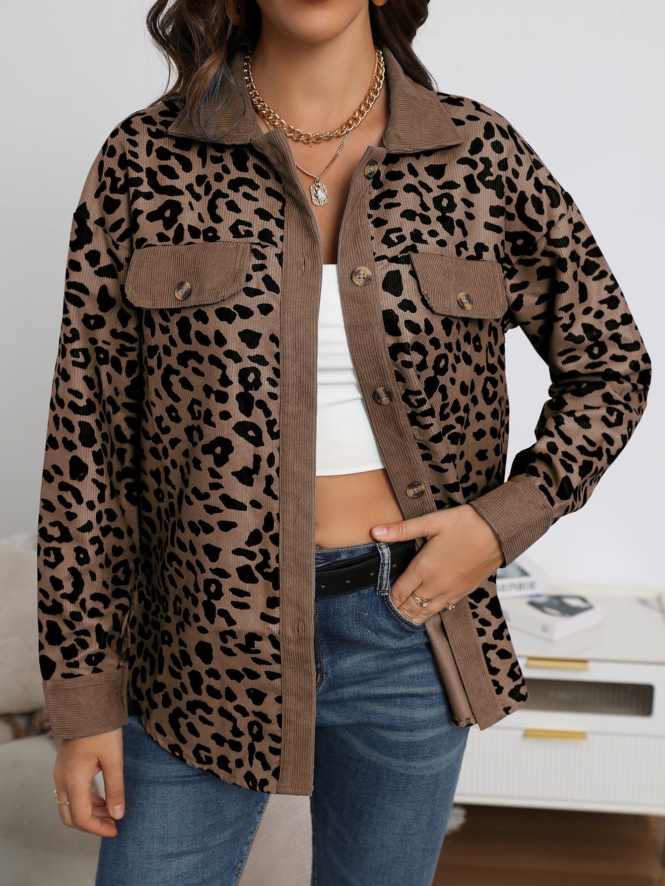Damen Stilvolle Übergroße Leopardenmuster Jacke WW