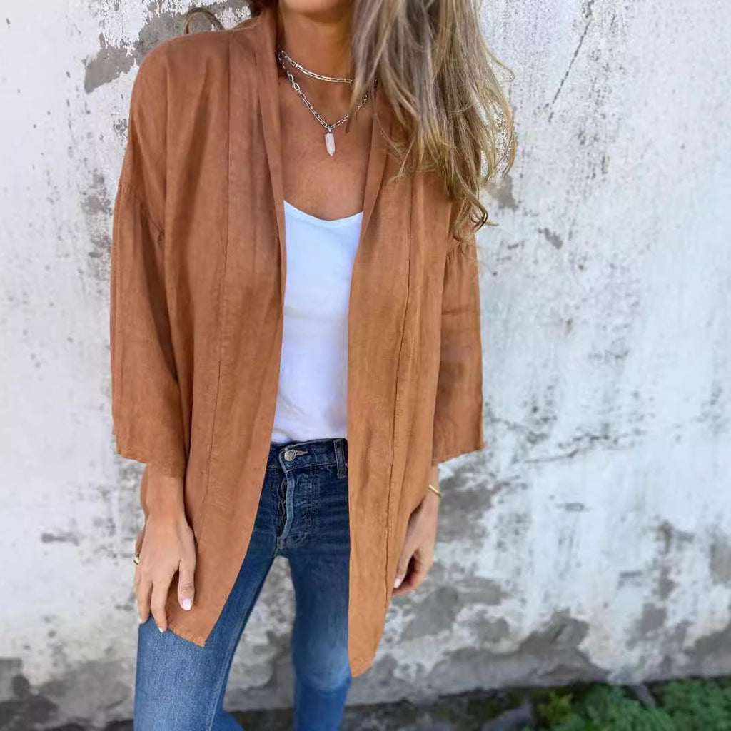 Damen luftige Leinenjacke mit offenem Schnitt und langen Ärmeln WW