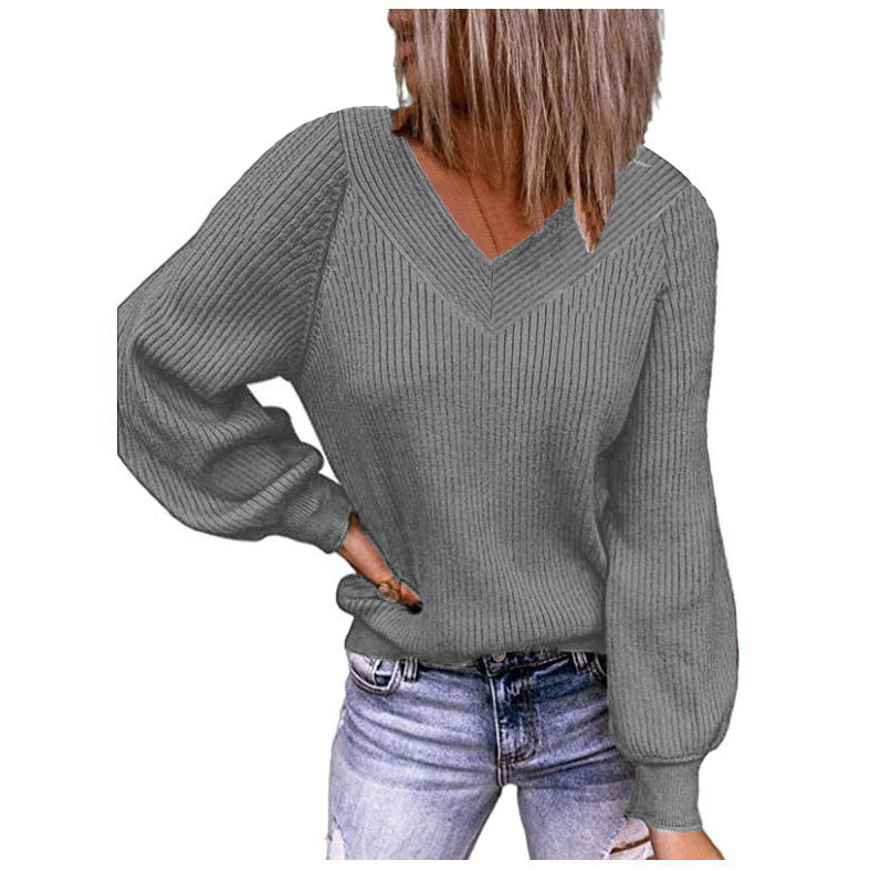 Damen Strickpullover mit V-Ausschnitt und voluminösen Ärmeln WW