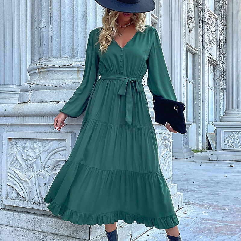 Damen Maxikleid mit Knopfleiste, Taillengürtel und Rüschensaum WW