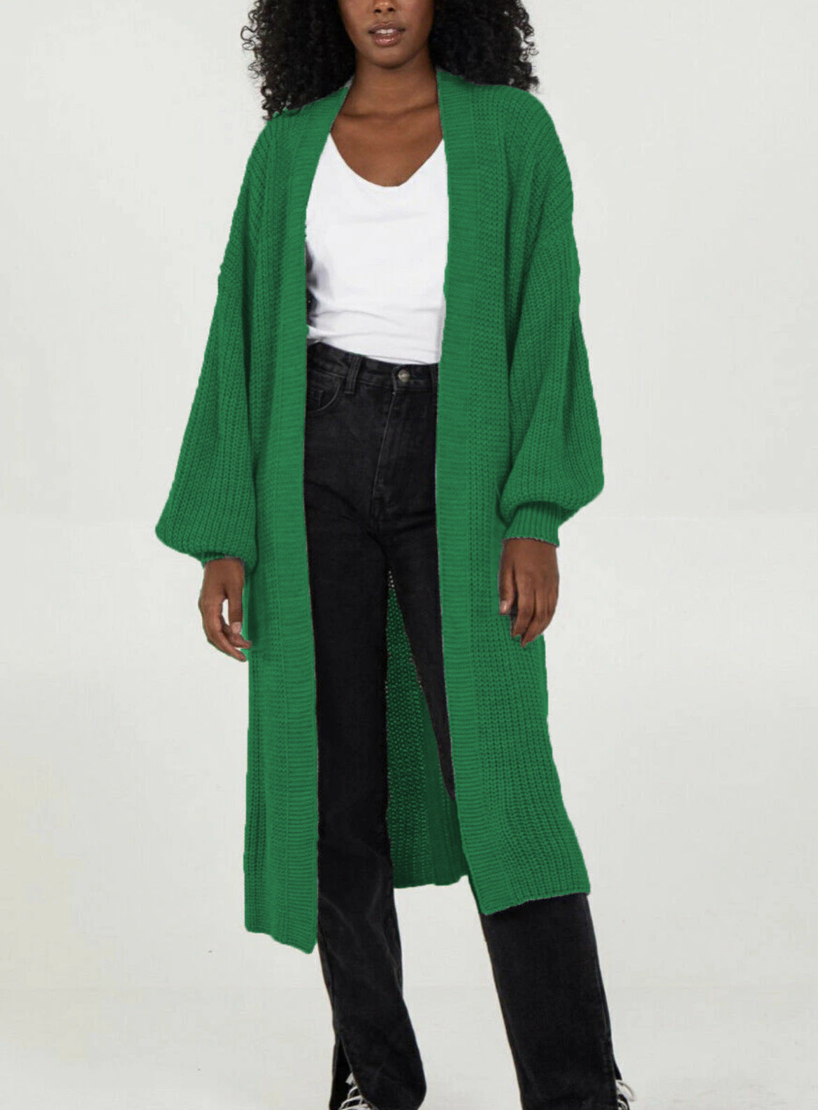 Damen Langer Strickcardigan mit voluminösen Ärmeln und offenem Schnitt WW