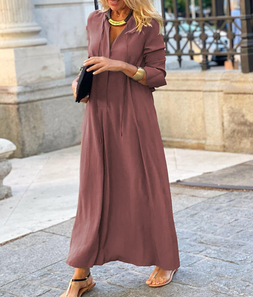 Damen lässiges Maxikleid mit tiefem V-Ausschnitt und eleganten Bindebändern WW