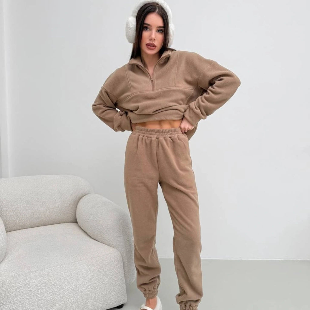 Damen gemütliches Fleece-Hoodie-Set mit hohem Kragen und praktischen Taschen WW