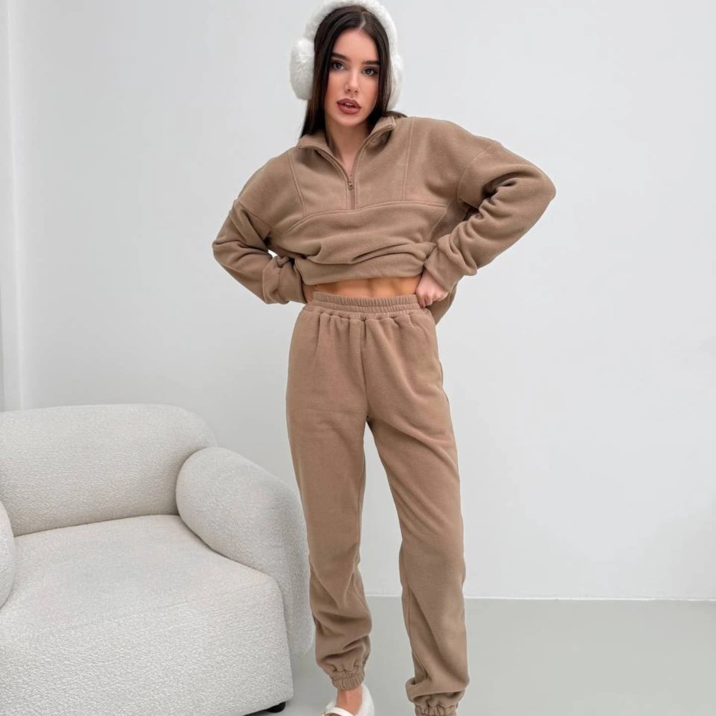 Damen gemütliches Fleece-Hoodie-Set mit hohem Kragen und praktischen Taschen WW