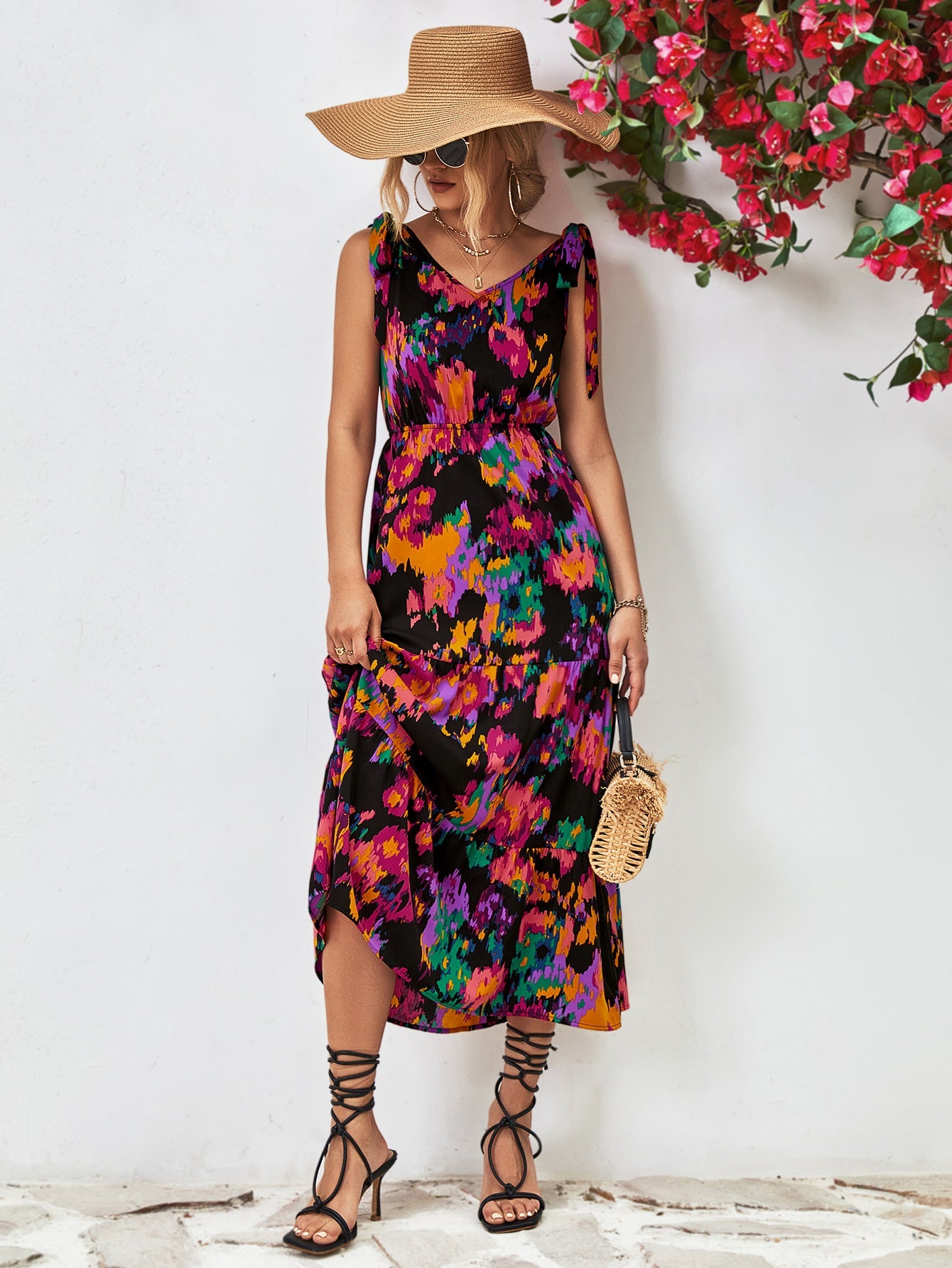 Damen Maxikleid mit raffinierten Spaghettiträgern und elastischem Bund WW