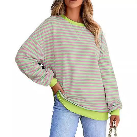 Damen lässiger gestreifter Sweatshirt mit Oversize-Schnitt und bequemen Details WW