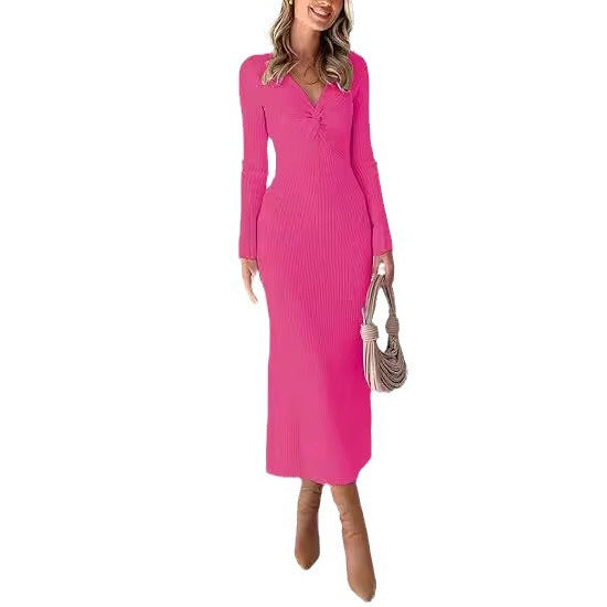 Damen elegantes Midikleid mit V-Ausschnitt und strukturiertem Rippdesign WW