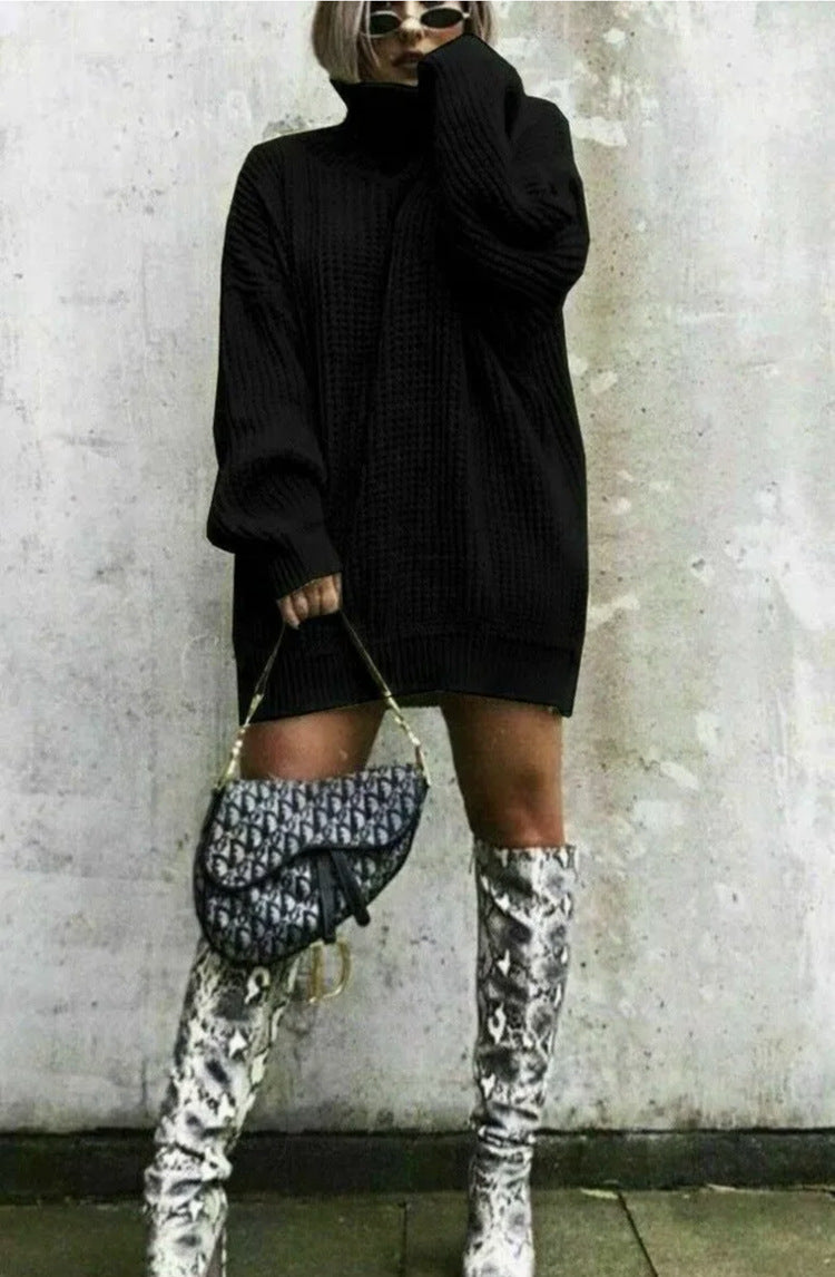 Damen Oversized Strickpullover mit hohem Kragen und Waffelmuster WW