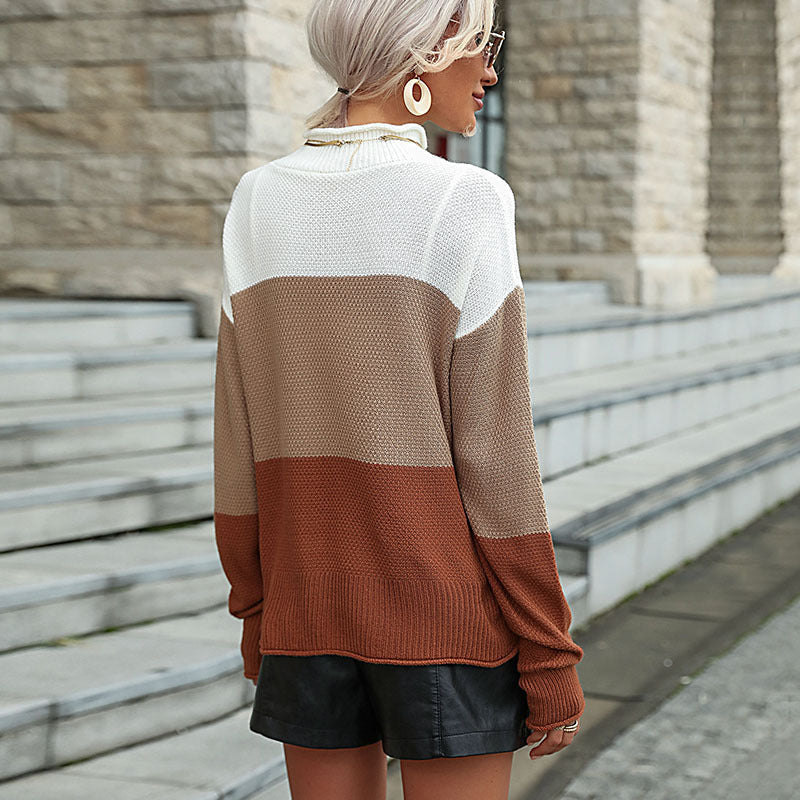 Damen Strickpullover mit modischem Farbblockmuster und hohem Kragen WW