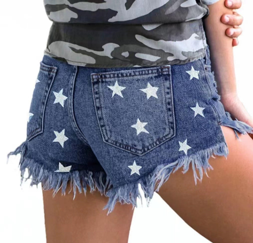 Damen Jeans-Shorts mit verspieltem Sternen-Design und Fransenabschluss WW