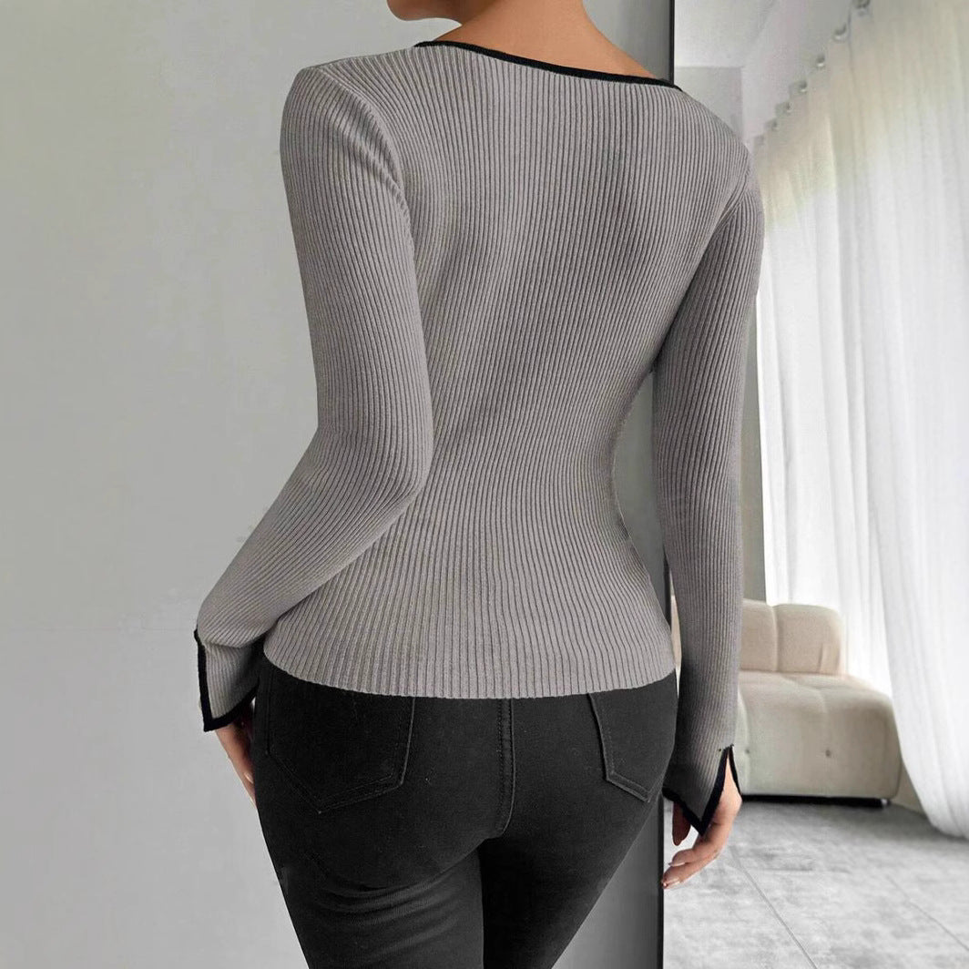 Damen modisches Strickoberteil mit tiefem V-Ausschnitt und eleganter Rippstruktur WW