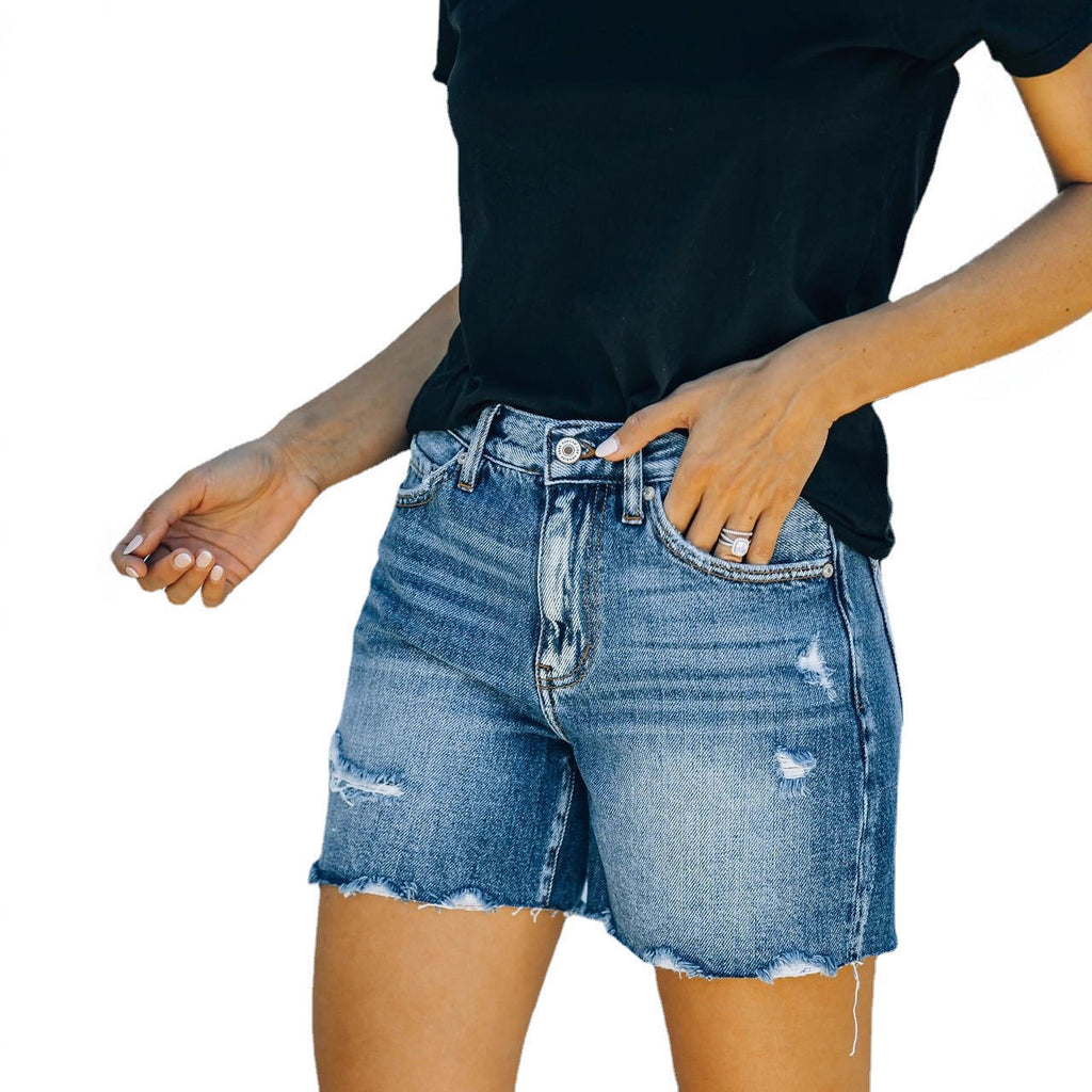 Damen modische Denim-Shorts im Used-Look mitFransenabschluss WW