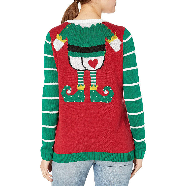 Damen Weihnachts-Pullover mit frechem Elf-Motiv und gestreiften Ärmeln WW