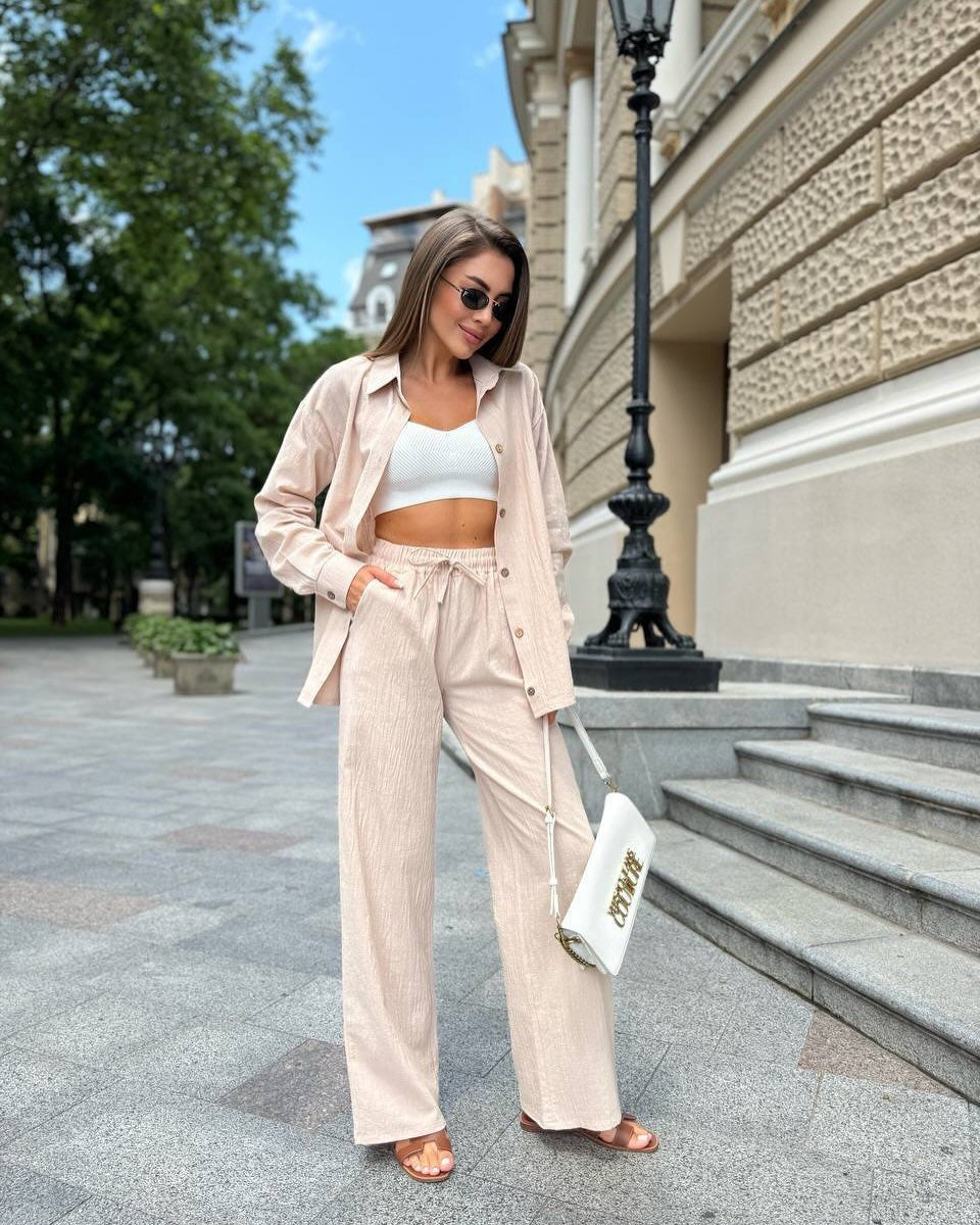 Damen elegantes und trendiges Zweiteiliges Set aus Hemd und weitem Hosen WW