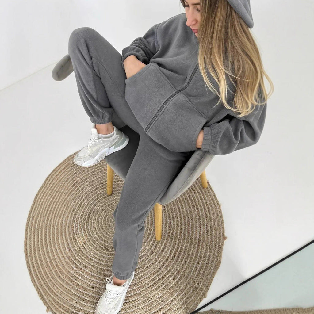 Damen sportliches Fleece-Set mit hohem Kragen und seitlichen Taschen WW