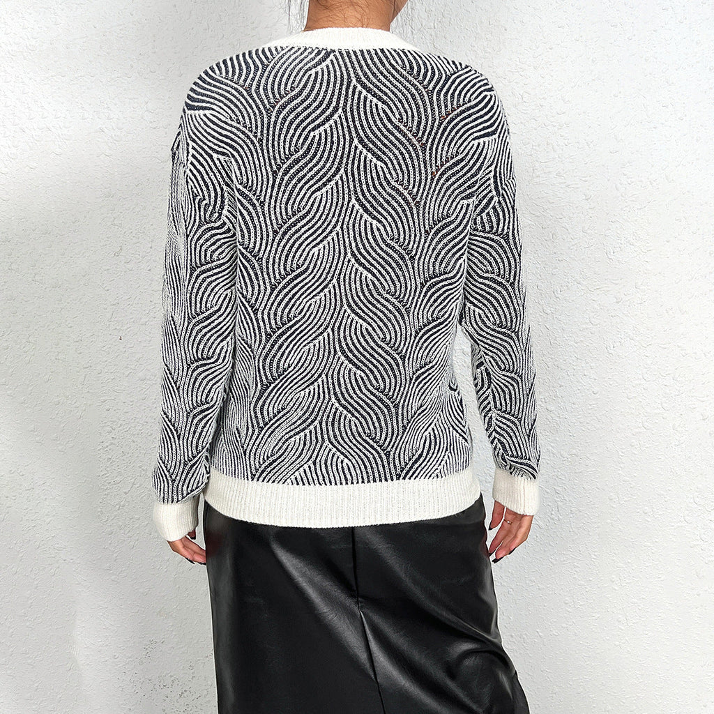 Damen Strickpullover mit Wellenmuster und V-Ausschnitt WW