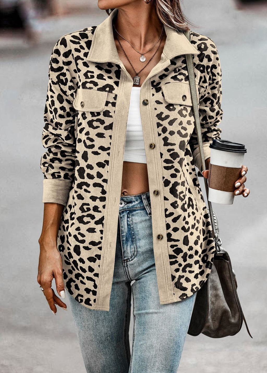 Damen Stilvolle Übergroße Leopardenmuster Jacke WW