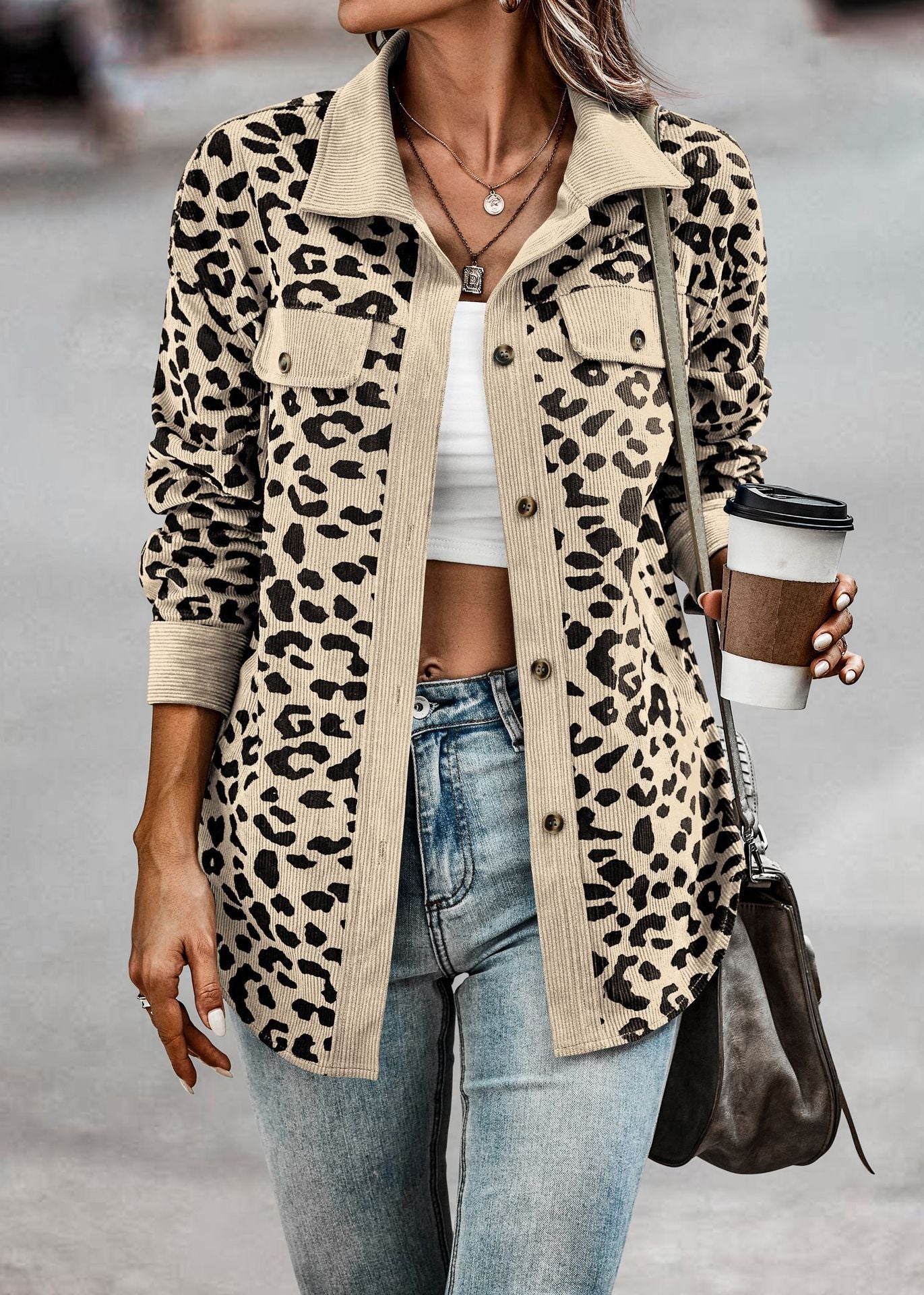Damen Stilvolle Übergroße Leopardenmuster Jacke WW