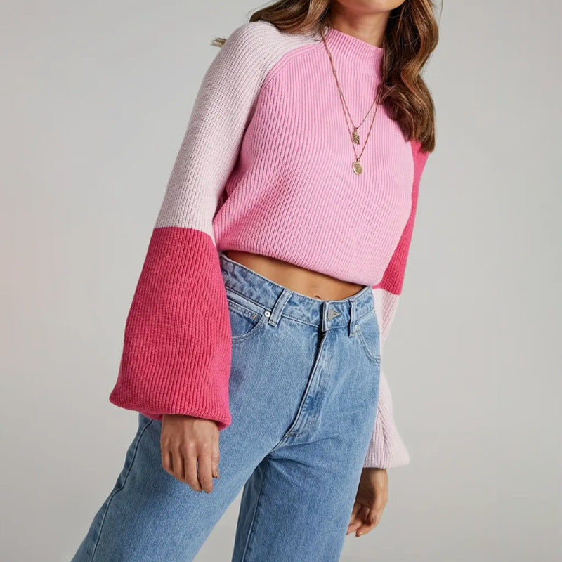 Damen Strickpullover mit weitem Arm und innovativem Farbblockdesign WW